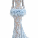 Delphine Frost Blue Dantel Maxi Elbise