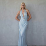 Cleo Aquamarine Saten Maxi Davet elbisesi